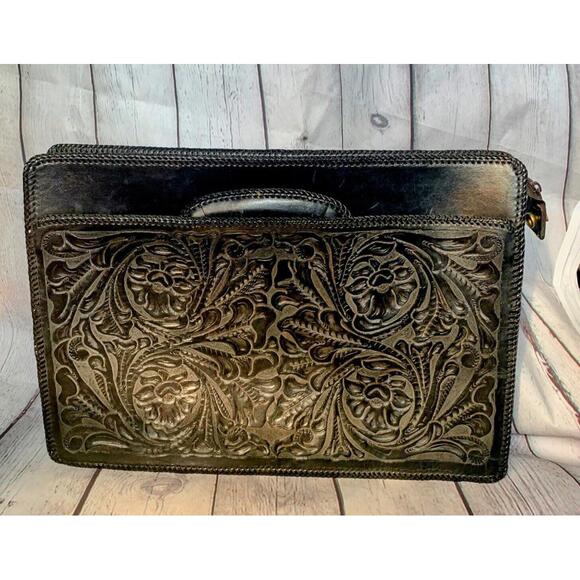 Vintage Black Cowhide Leather Handtooled Briefcase Embossed Ornate Carryall Case